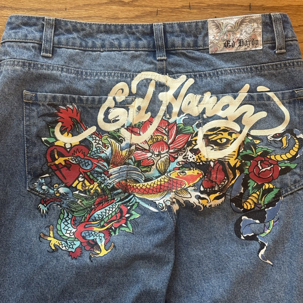 Ed Hardy Womens 30 Baggy Jeans Denim Painted Tattoo Graphic Tiger Koi Snake Y2K - Picture 2 of 16